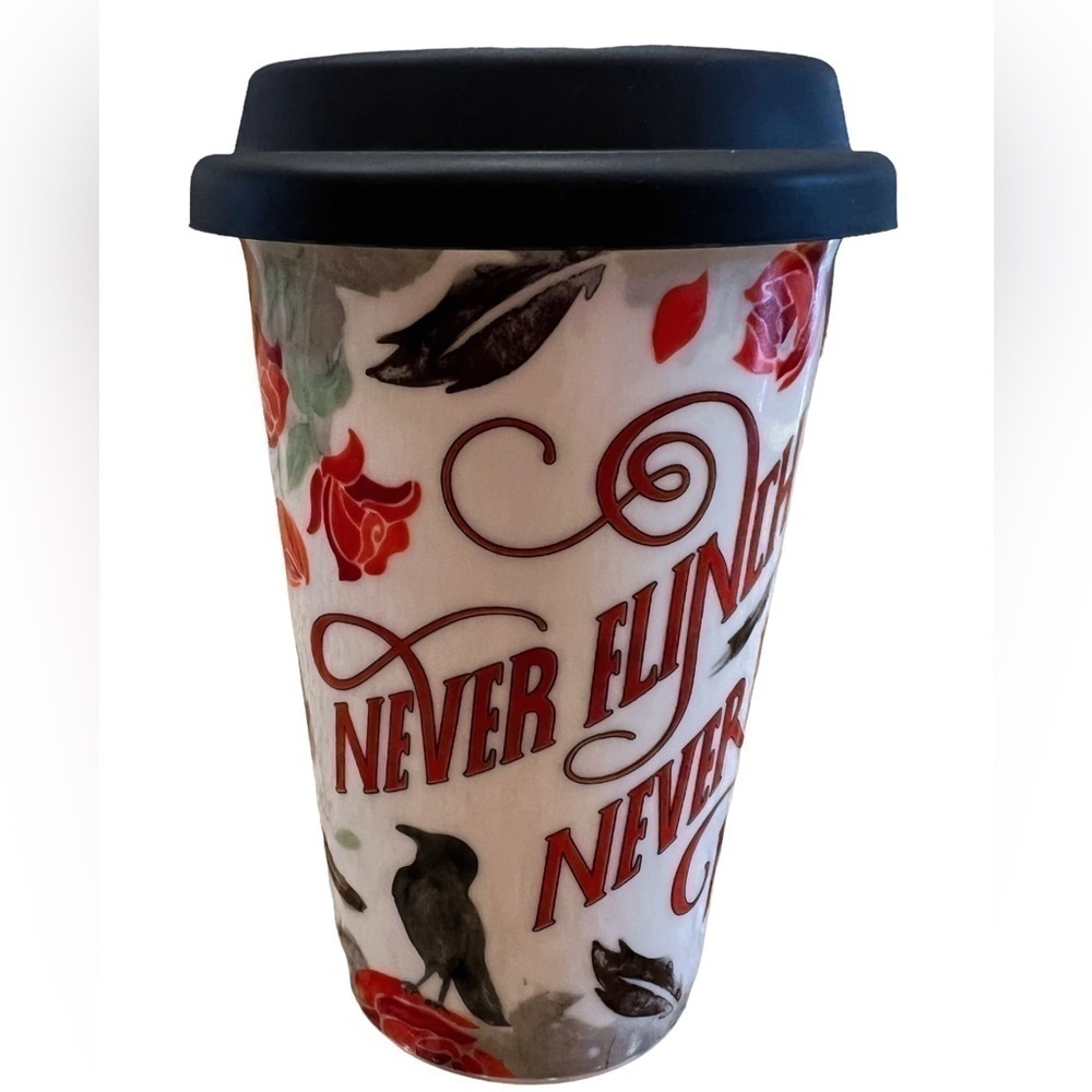 OWLCRATE Nevernight Ceramic Travel Coffee Mug And Silicone Lid Red Roses & Crows